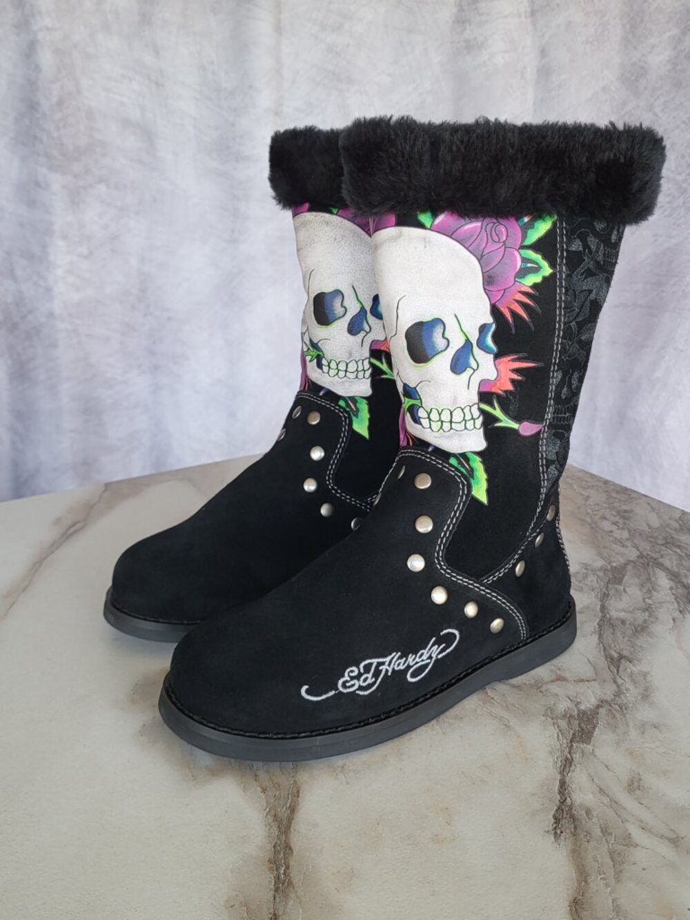 Ed Hardy Faux Fur Snow Boots Black Women's Size 6 - Picture 5 of 15